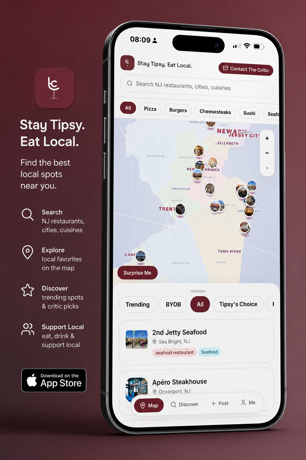 Tipsy app on an iPhone showing a map of New Jersey with restaurant pins and a list of rated local spots